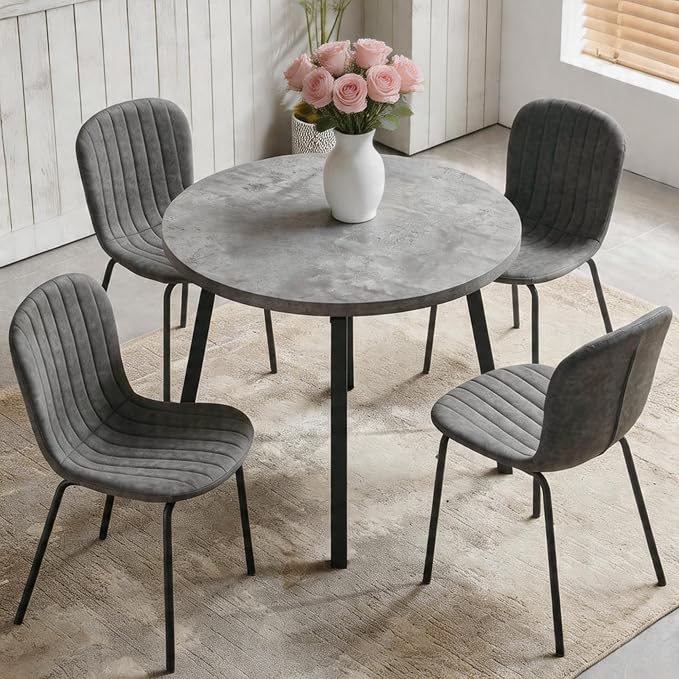 5-Pieces 37.4" Round Dining Table Set for 4,Mid Century Modern Small Coffee Table, Engineered Wood Table and Chairs Set of 4 for Kitchen, Dining Room, Office(1 Table+4 Grey PU Leather Chairs) - Image 2
