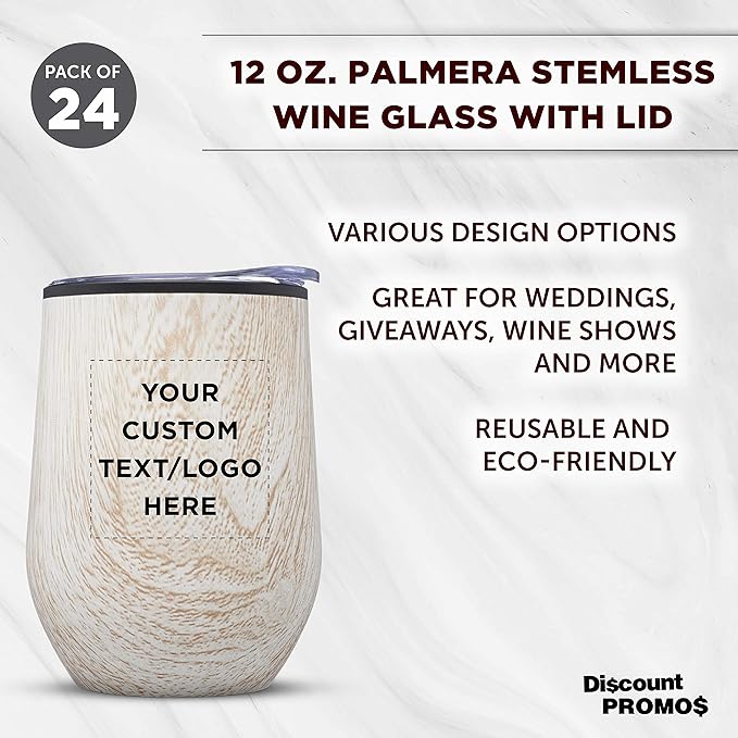 Custom Palmera Stemless Wine Tumblers with Lids 12 oz. Set of 24, Personalized Bulk Pack - Perfect for Wine, Cocktails, Other Hot & Cold Beverages - Ashwood
