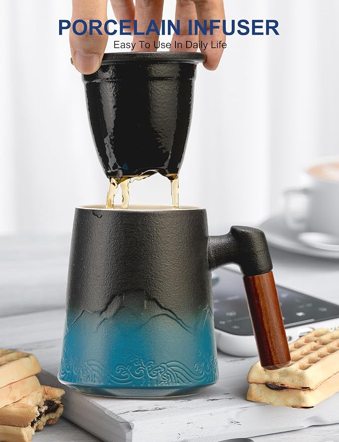suyika Tea Cup with Infuser and Lid, 15.2 Ounce Wood Handle Ceramic Loose Leaf Mug Gradient Black&Blue 450ml - Image 5