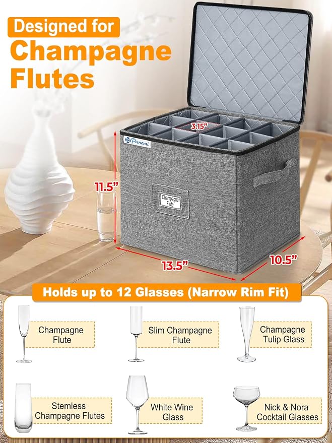 punemi Champagne Flute Storage Container, 2-Pack Hard Shell Wine Glass Box | Hard shell top, bottom and sides with dividers, stackable design for champagne flutes, white wine glasses and stemware - Image 2