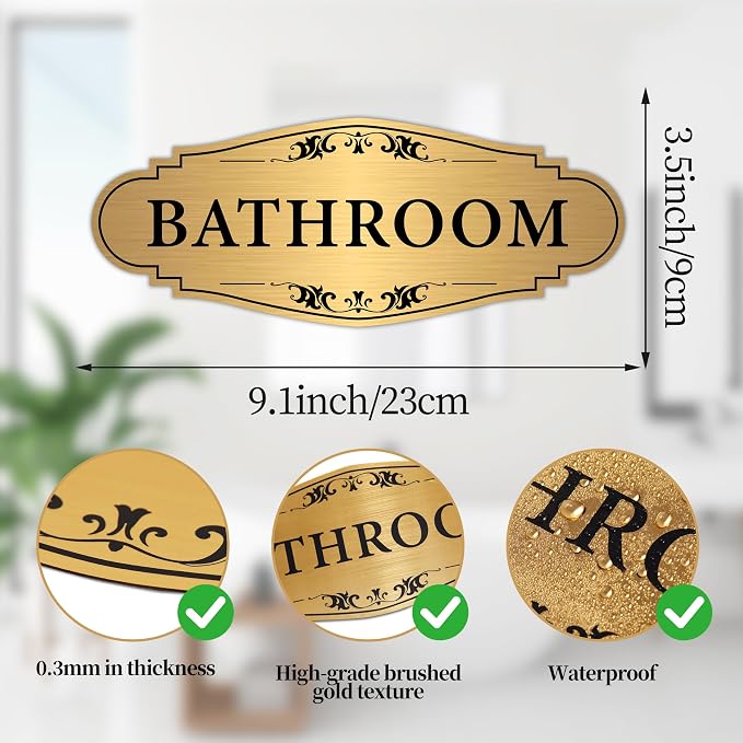 Bathroom Sign Sticker for Business and Home，Self-adhesive Brushed Gold Bathroom Decor for Door，Waterproof Vinyl Restroom Sign for House, Office, Shop - Image 2