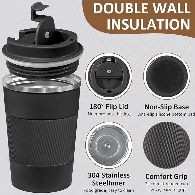 4 Pack Insulated Coffee Mug with Lid 12oz Travel Coffee Tumbler Stainless Steel Reusable Coffee Cups Thermal Coffee Mug for Hot and Iced Cold Drinks, Black - Image 3