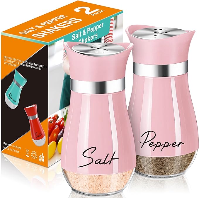Salt and Pepper Shakers - 4 oz Pink Glass Set with Stainless Steel Lids | Refillable Glass Shakers with Stainless Steel Lids for Cooking, Dining, RV Trips, Camping and BBQs; 4 oz Capacity Each. by ARROZON