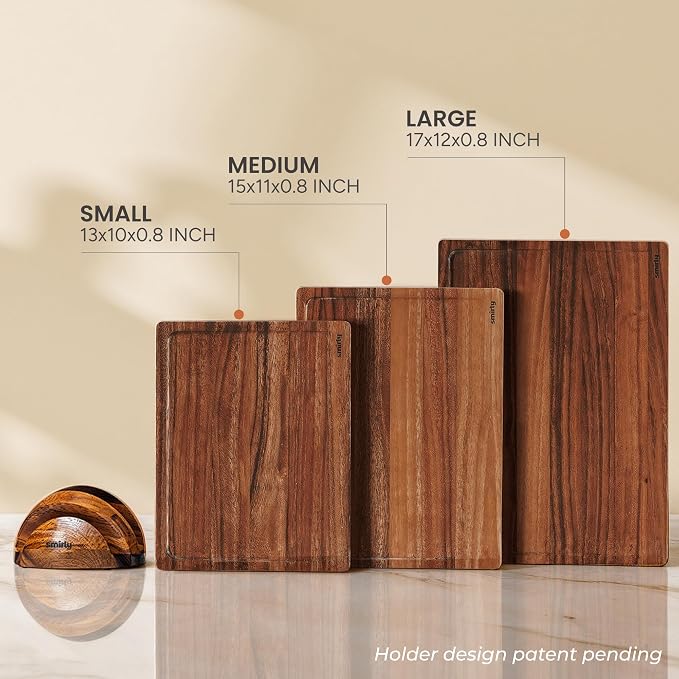 SMIRLY Cutting Boards for Kitchen, 3 Piece Walnut Cutting Board with Stand | Non Toxic Walnut Wood Cutting Board with Juice Grooves and Handles, Multiple Sizes Wooden Chopping Board for Meal Prep - Image 5