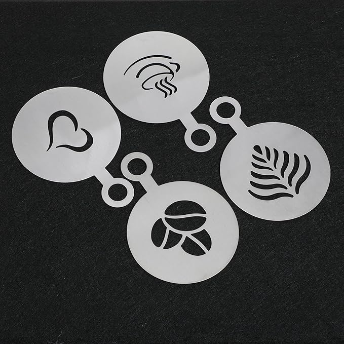 4 Pcs Coffee Stencils Latte Art,Coffee Stencils,Latte Art Stencil with Various Patterns for Cappuccino Lattes Cake Decorating Coffees Shop and Home Use(Silver)