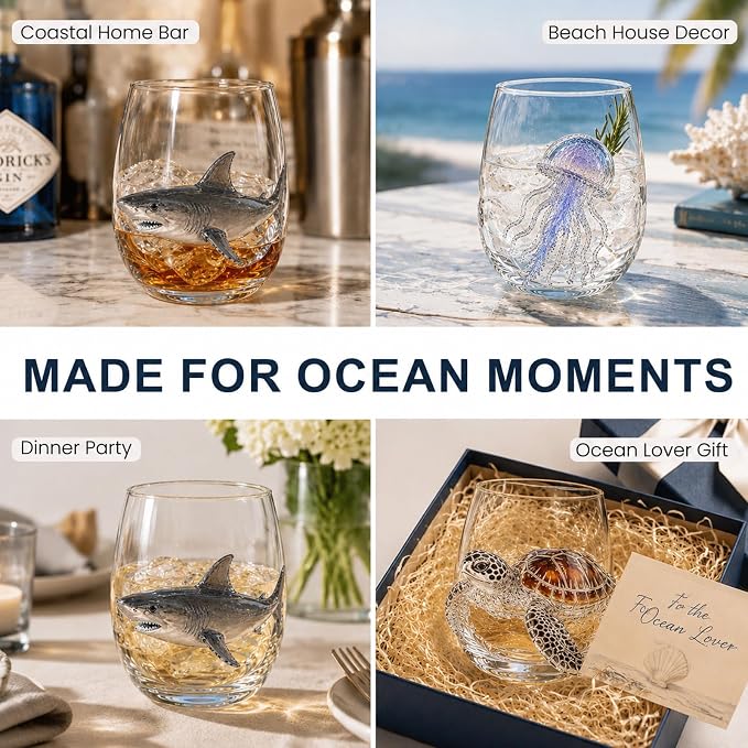Coastal Stemless Wine Glasses Set of 4, 12oz 3D Ocean Animal Artisan Glassware Collection with Unique Sea Life Designs (M - Set of 4) - Image 4