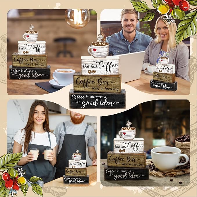 Moucuny 4 Pcs Wooden Coffee Bar Tabletop Decor Coffee Tiered Tray Decor Rustic Wood Bar Sign Gift Farmhouse Table Centerpiece Farmhouse Decorations for Home Kitchen - Image 6