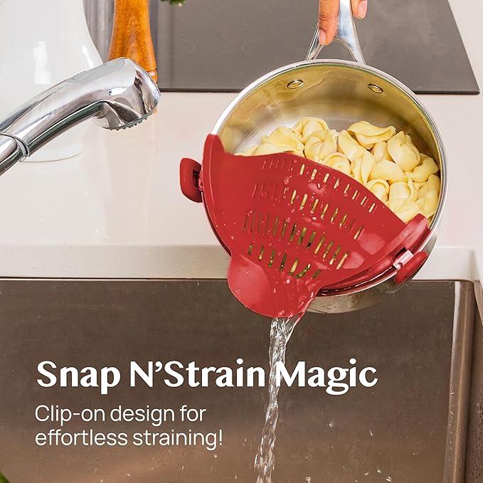 Kitchen Gizmo Snap N Strain Silicone Pot Strainer - Adjustable Clip-On Pasta Strainer for Pots, Pans, and Bowls - Large Red Kitchen Colander - Image 2