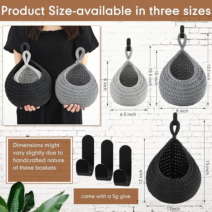 Honeydak Boho Decor Hanging Wall Baskets for Kitchen 3 Pack Teardrop Baskets with Hooks Storage Fruit Onion Vegetable Potato for Home 3 Sizes(Light Grey, White, Dark Grey,Teardrop,Cotton Rope) - Image 2