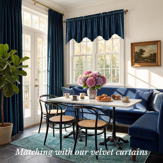 Navy Blue Valance for Windows Scalloped 52x18 Inch 1 Panel | Kitchen Valance Curtains for Small Windows, Classic Rod Pocket Window Drapes for Dining Room, Bathroom, Basement - Image 2