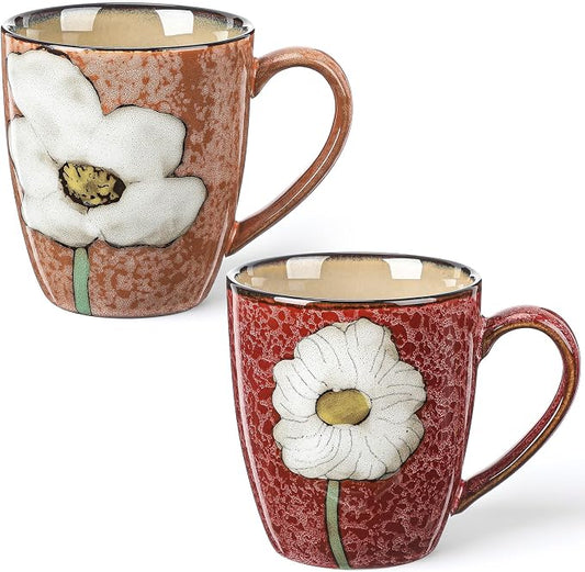Maxdot 2 Pcs 12oz Ceramic Coffee Mugs Sets Glazing Process Cappuccino Mug Floral Ceramic Tea Cups Idea Gift Set for Women Porcelain Cup for Coffee, Cocoa, Tea, Latte (Retro) (Vintage) by Maxdot