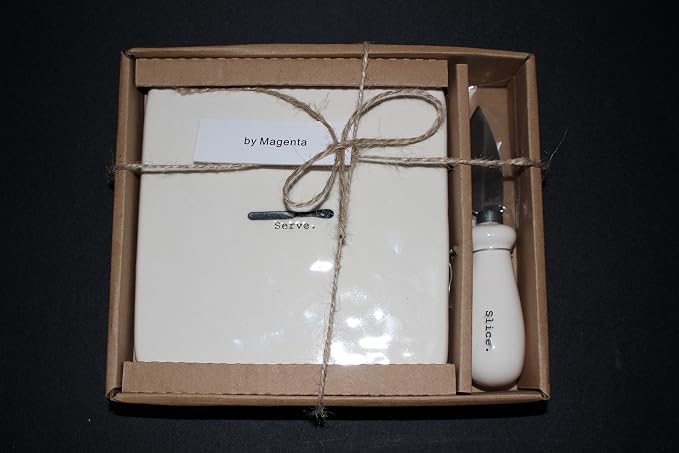 Rae Dunn SERVE and SLICE Cheese Board and Cheese Slicer 2 piece set in typeset letters in Gift Box. By Magenta. by MagentaInc