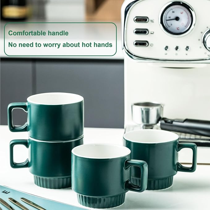 Miamolo Stackable Coffee Mugs Set of 4 with Holder Spoons 11oz Ceramic Cappuccino Cups for Espresso Latte Tea Drinks, Father's Day,Dishwasher & Microwave Safe, Green - Image 5