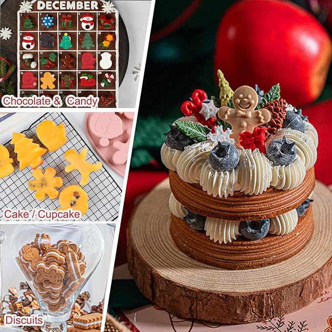 3 Pack Christmas Silicone Chocolate Molds, Xmas Holiday Baking Mold Snowflake Christmas Tree Snowman Gingerbread Man Santa Claus Shape Mold for DIY Candy Soap Candles Jello Cake Pans Cookie Trays