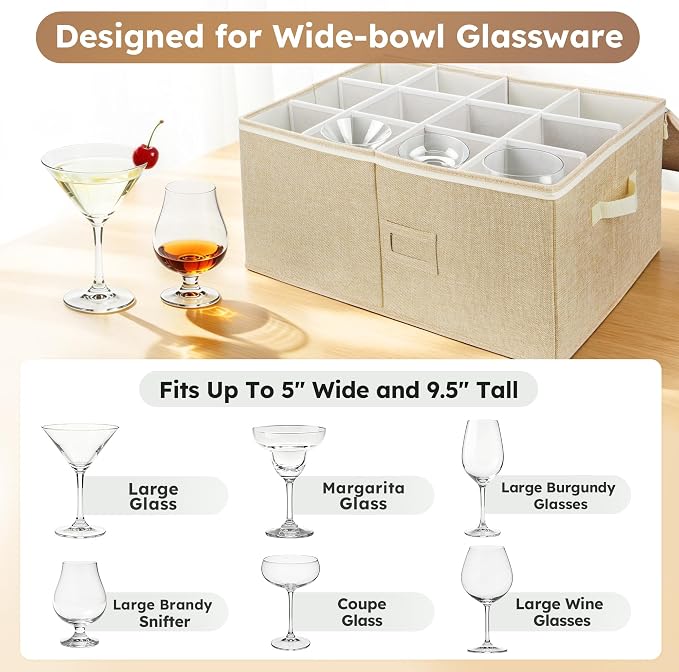 LotFancy Stemware Storage Container, Hard Shell, Large Wine Glass Storage Box for Moving, Stackable, Foldable, Crystal Glassware, Drinkware Case with Dividers & Handles, 21”x15.5”x10”, Beige - Image 8