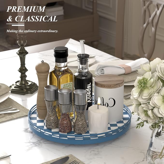 Blue and White Checkerboard Lazy Susan with Rubberwood Base and Metal Rail | Smooth rotating oak tray with walnut finish for dining tables, kitchen counters, pantries and cabinet storage. - Image 4