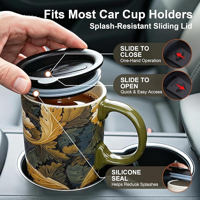 Topadorn 17oz Ceramic Travel Mug with Lid, William Morris Acanthus Leaf | Coffee Mug with Handle, Dark Gold Botanical Latte Cup, Microwave & Dishwasher Safe, Gift Box Included - Image 4