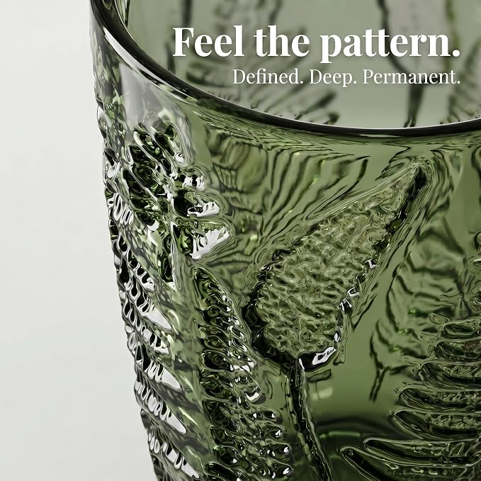 Green Drinking Glasses Set of 4, 12 oz Glass Cups, Vintage Fern Glassware | Hand-Pressed, Dishwasher Safe, Boho Leaf-Textured Drinkware, Embossed Highball Tumblers for Water, Retro Kitchen Gift - Image 3