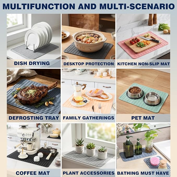 2 Pack Caketime Silicone Dish Drying Mat for Kitchen Counter Under Sink Protector Organizers Cooking Baking Espresso Machine Accessories Appliance Stone Rack Trays Drain Extra Large 18"*16" Black - Image 4
