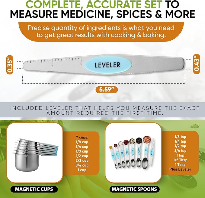 Spring Chef Magnetic Measuring Cups & Spoons Set of 15, Patented, Aqua Sky | Stackable Stainless Steel Measuring Cups & Heavy Duty Metal Measuring Spoons with Levelers for Dry & Liquid Ingredients - Image 6