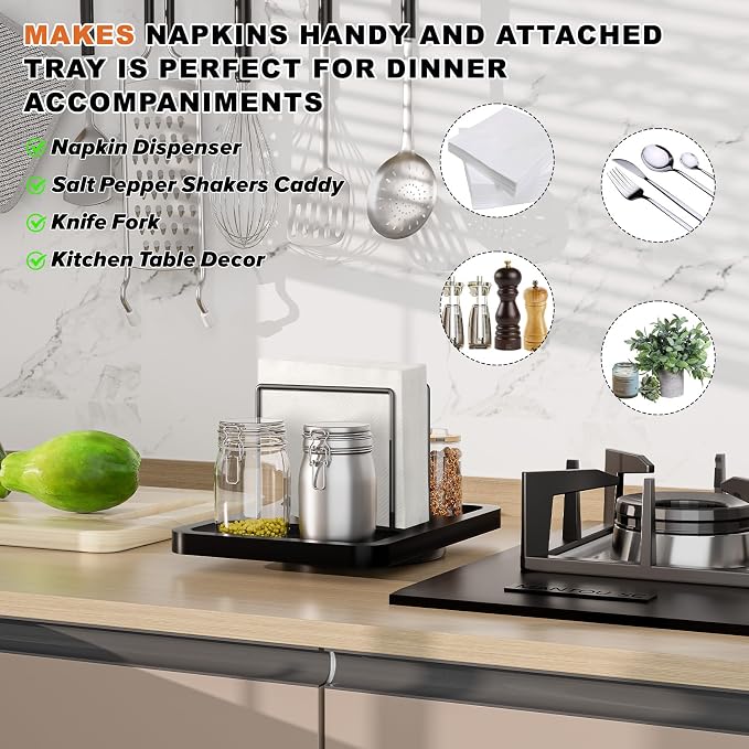 Rotating Napkin Holder for Table with Salt Pepper Shakers Caddy, Black | Bamboo Standing Napkin Dispenser, Metal Paper Napkin Storage for Bathroom Home Kitchen Farmhouse Decor Not Including Shakers - Image 3