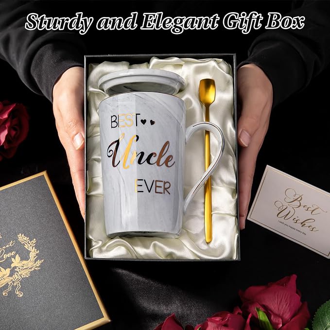 Best Uncle Birthday Gifts from Nephew Niece, Uncles Valentines Gift, Fathers Day Announcement Presents - 14oz Grey Marble Ceramic Gold Print Uncle Mug, with Lid, Spoon, Greeting Card, Nice Gift Boxed - Image 5