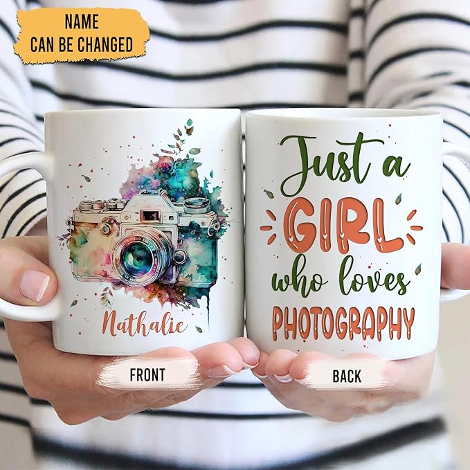 Hyturtle Personalized Gifts Photography Lover - Just A Girl Who Loves Photography Custom Name Ceramic Coffee Mug Cup 11oz - Perfect Idea Gifts For Women, Girl Daughter On Birthday, Christmas - Image 2