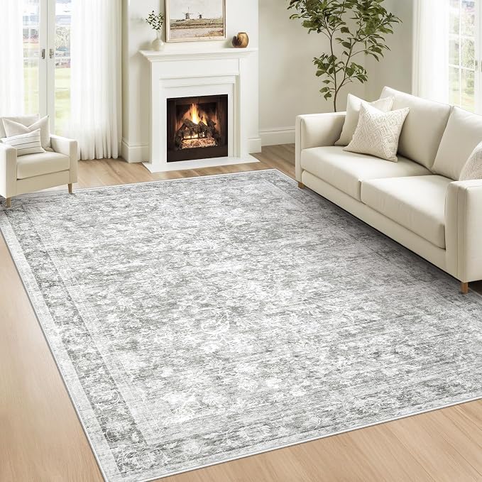 6x9 Area Rugs for Living Room: Washable Vintage Floral Rug Low Pile Non-Slip Boho Carpet for Bedroom Nursery Dining Room (Grey, 6'x9') by LOSBULAKE