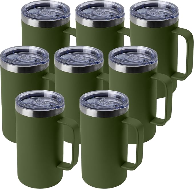 DOMICARE 24oz Mug with Handle and Lid, Stainless Steel Coffee Mug, Travel Mug with Handle, Double Wall Vacuum Coffee Tumbler, Reusable Insulated Cup, Army Green, Pack 8 by VisittheDOMICARE