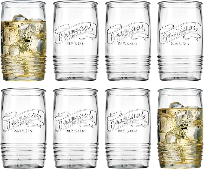 Glaver's Set of 8 Tumbler Glass Cups 20 OZ Mason Stemless Tall Drinking Glasses For Everyday Use, Modern yet Vintage Original Mason Logo Glassware for Bar, Water, Beer, Juice. - Image 6