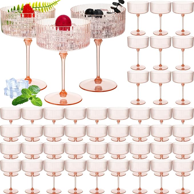 Jingmore 48 Pcs Ribbed Martini Glasses 10 oz Disposable Plastic Vintage Ribbed Coupe Glasses Unbreakable Dessert Parfait Glassware for Wedding Birthday Party Supplies (Champagne Powder) by Jingmore