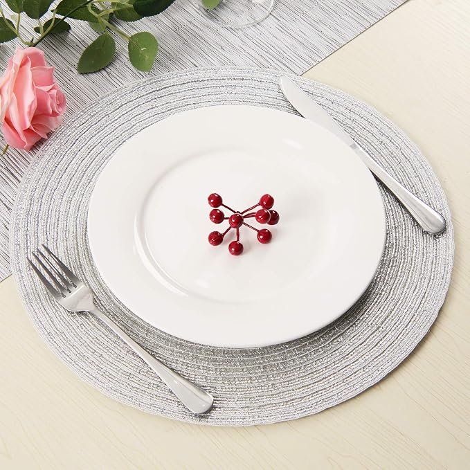 SHACOS Silver Glitter Round Placemats Set of 6 Sparkle Bling Place Mats Glitz Table Mats for Holiday Home Party Wedding Festive Table Decoration (6, Silver) - Image 5
