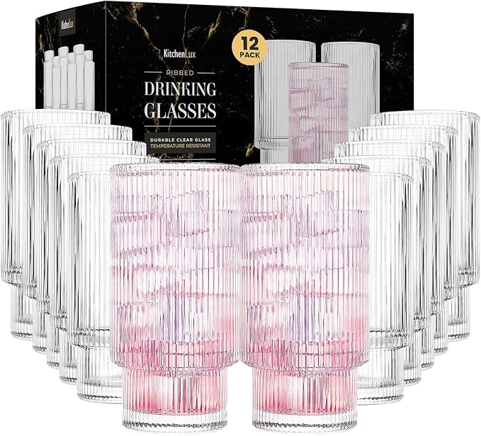 Kitchen Lux Ribbed Drinking Glasses - Ribbed Glass Cups 12 oz - Ribbed Glassware Set of 12 - Textured Vintage Retro Ripple Aesthetic Glass Ware for Whiskey Cocktail Beer Water, Coffee Bar Accessories by KitchenLux