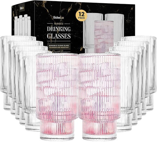 Kitchen Lux Ribbed Drinking Glasses - Ribbed Glass Cups 12 oz - Ribbed Glassware Set of 12 - Textured Vintage Retro Ripple Aesthetic Glass Ware for Whiskey Cocktail Beer Water, Coffee Bar Accessories by KitchenLux