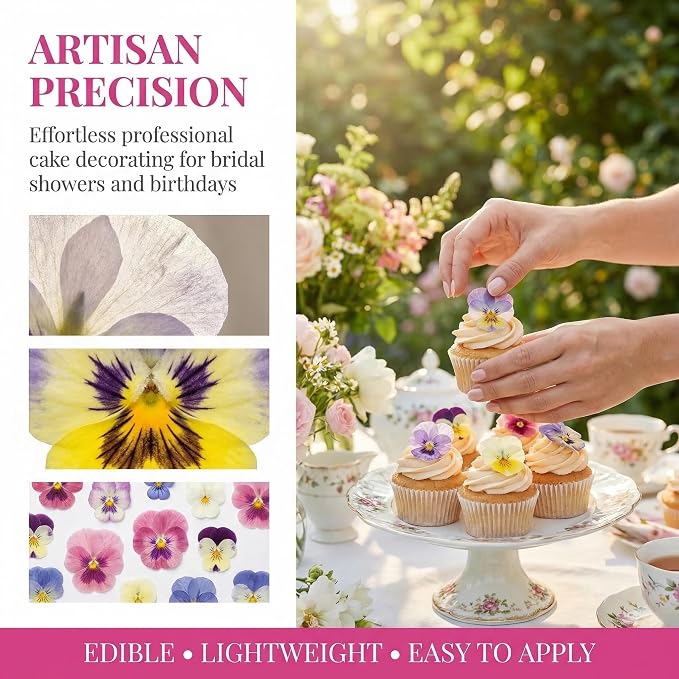 Edible Flower Cupcake Toppers, 64 Pieces Wafer Paper Pansy Flowers, Multicolor Spring Bridal Engagement Baby Shower Birthday Anniversary Party Supplies - Image 3