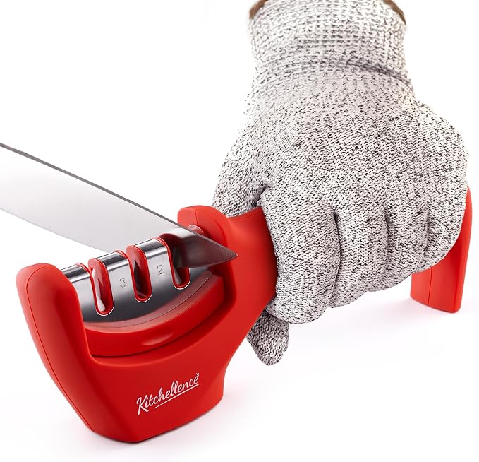 4-in-1 Kitchen Knife Accessories: 3-Stage Knife Sharpener Helps Repair, Restore and Polish Blades and Cut-Resistant Glove by KITCHELLENCE