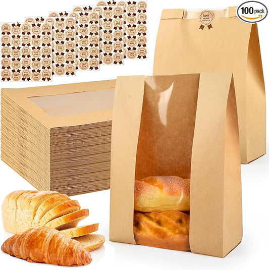 100 Pcs Bread Bags for Homemade, ROOKEA Sourdough Bread Bags with Window for Baked Paper Packaging with Sealing Stickers Bakery Cookie Food Snack Storage Large Kraft Paper 13.7x8.2x3.5 inch by ROOKEA