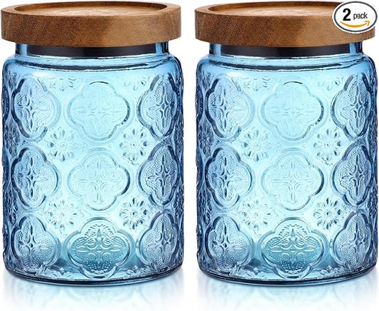LemonRoad 2 Pcs Vintage Blue Glass Storage Jars 23.7 oz Mason Jar Canister with Wood Lids Food Storage Container for Cookie, Pantry, Candy Kitchen, Coffee, Tea, Flour, Sugar, Decorative Home Decor by Unknown