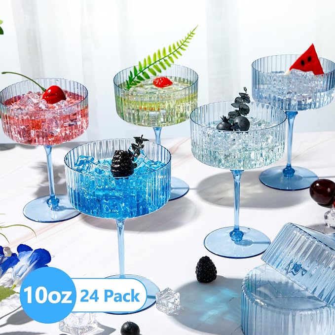 Jingmore 24 Pcs Ribbed Martini Glasses 10 oz Disposable Plastic Vintage Ribbed Coupe Glasses Unbreakable Dessert Parfait Glassware for Wedding Birthday Party Supplies (Blue) - Image 3