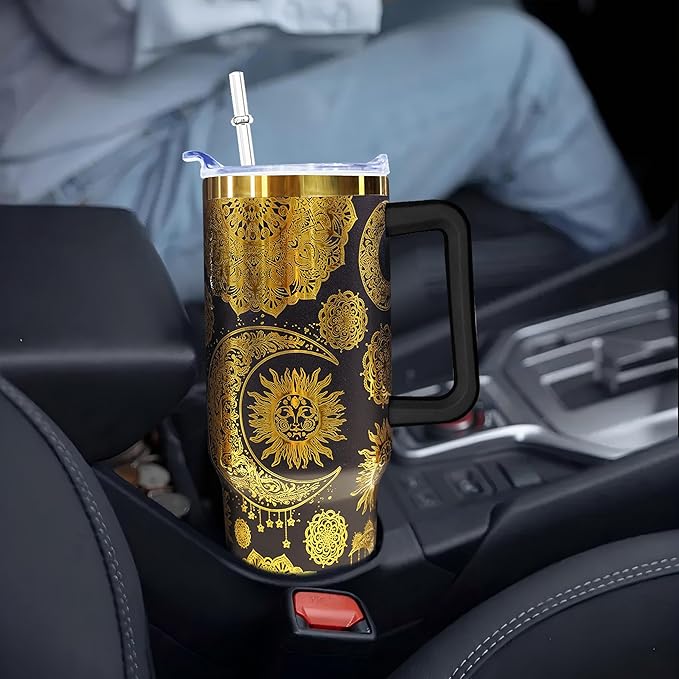 40 oz Bohemia Laser Engraving Tumbler With Handle With Lid Straw Double Insulated Travel Coffee Cup Boho Travel Accessories Must Have Gifts For Women