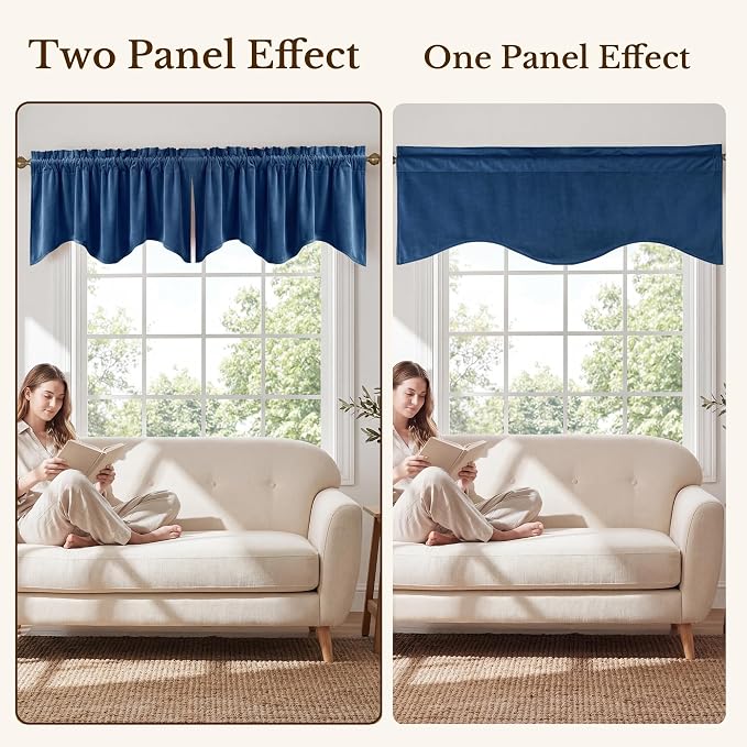 Blue Scalloped Window Valance 52x18 Inch 1 Panel | Premium Kitchen Velvet Window Treatments, Decorative Wavy Short Drapes for Bathroom, Over Sink RV, Rod Pocket - Image 7
