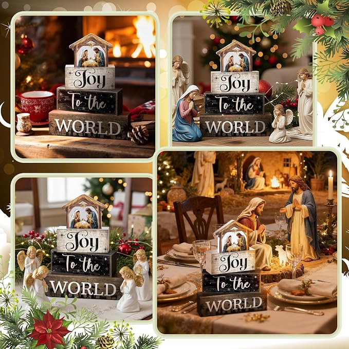 Moucuny 4 Pcs Christmas Table Decor Wooden Christian Religious Decoration Nativity Scene Centerpiece Joy to the World Tiered Tray Decor Farmhouse Xmas Decoration for Kitchen - Image 4