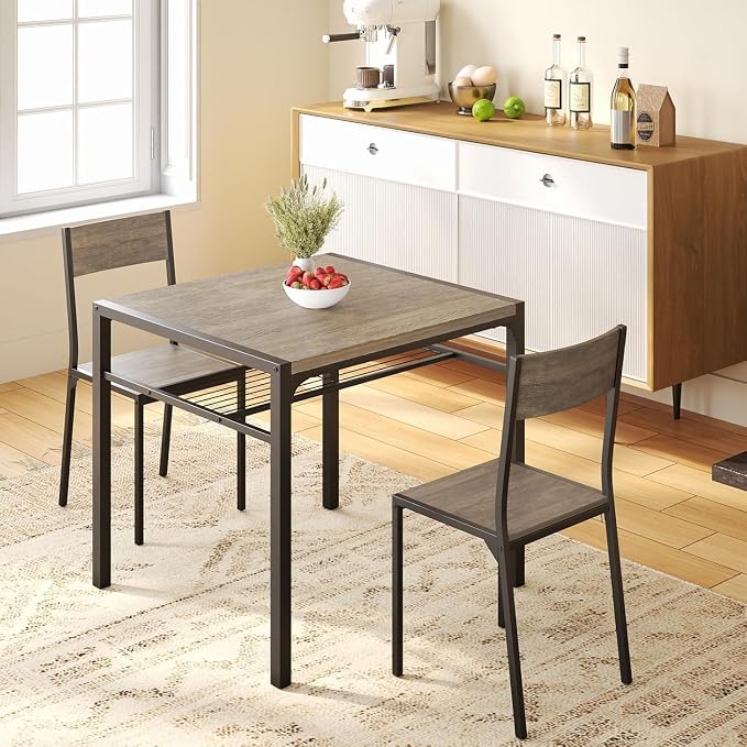 Gizoon 3-Piece Dining Table Set for 2, Small Kitchen Table & Chairs Grey | Compact grey 2-person dining set perfect for apartments. Features under-table storage rack and 2 chairs that tuck away. by Gizoon