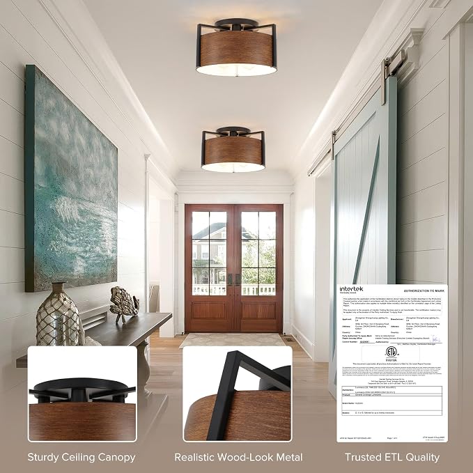 15'' Farmhouse Semi Flush Mount Ceiling Light, 3-Light Rustic Hallway Entryway Light Fixtures, Metal Wood Grain Finish Close to Ceiling Lights for Kitchen Dining Room Bedroom Living Room Foyer - Image 5