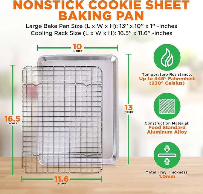 NutriChef Aluminum Baking Sheet w/ Cooling Rack - Thick & Durable Cookie Sheet Tray for Baking Pastries, Cookies, Bacon, & More - PFOS, PTFE, PFOA FREE, Dishwasher Safe (13" x 10") - Image 2