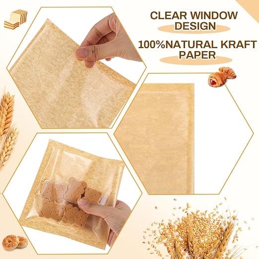 Outus 100 Pcs Cookie Packaging Bags with Seal, 6 x 6 Inch Bakery Pastry Bags with Window, Heat Sealable Grease Resistant Paper to Go Bake Sleeves for Gift Giving Donut Bread Sandwich (Brown) - Image 3