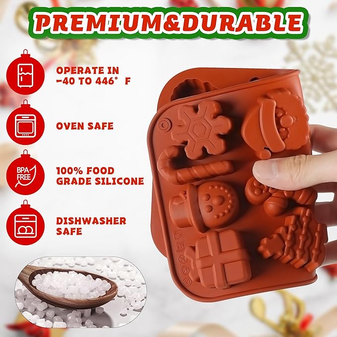 4Pcs Christmas Chocolate Molds, 14-Cavity Silicone Candy Baking Molds Snowflake Cane Snowman Santa Claus Christmas Trees Gingerbread Man Gift Box Shape Mold for Candies, Ice Cubes, Wax Melts