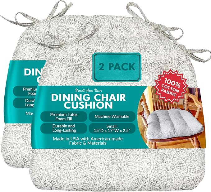 Barnett Home Decor Dining Chair Cushions with Ties – Size Small 15 x 17 - Latex Foam Fill, 100% Cotton, Machine Washable Chair Pads for Kitchen Chairs, Made in USA (Tibet Grey/Pack of 2) by BarnettHomeDecor