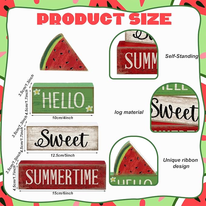 Moucuny 4 Pcs Summer Wooden Table Decor Watermelon Tiered Tray Decor Farmhouse Table Decoration Hello Sweet Watermelon Book Block Summer Decoration for Home Office Kitchen Mantel Shelf - Image 3