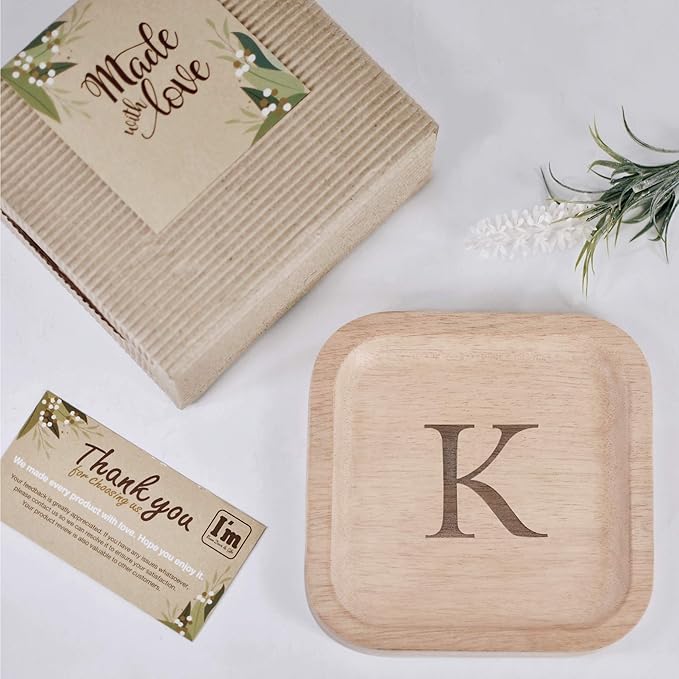 I'm Wooden Personalized Letter Catchall Valet Tray Trinket Dish Jewelry Tray Key Bowl Decorative Plate Organizing Ring Earrings Necklaces Bracelet Watch Coins Wallet Holder (6"x6" Sq Natural K)